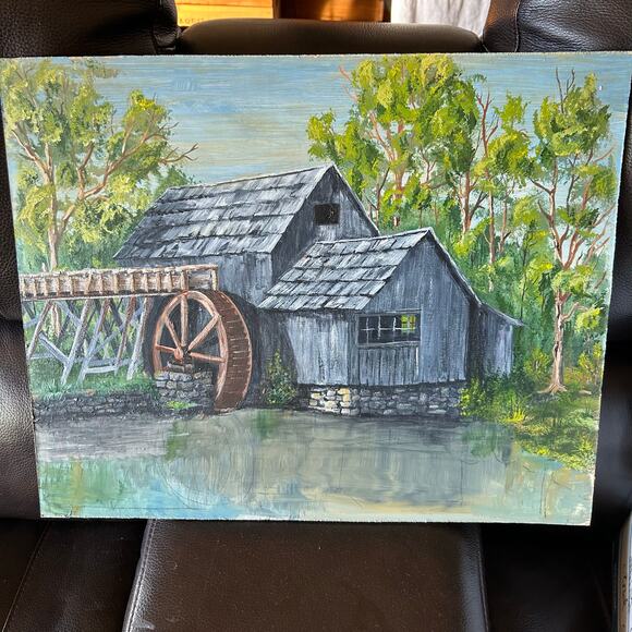 Mid Century Oil Painting Water Wheel Original Art Paintings farmhouse - Picture 1 of 9